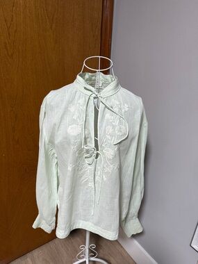 Anthropologie Pale Mint Embroidered Tie-Front Blouse
